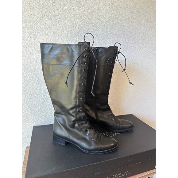 Via Spiga Black Leather Lace-Up Tall Boots Women's Size 7 Made in Italy - Picture 1 of 3